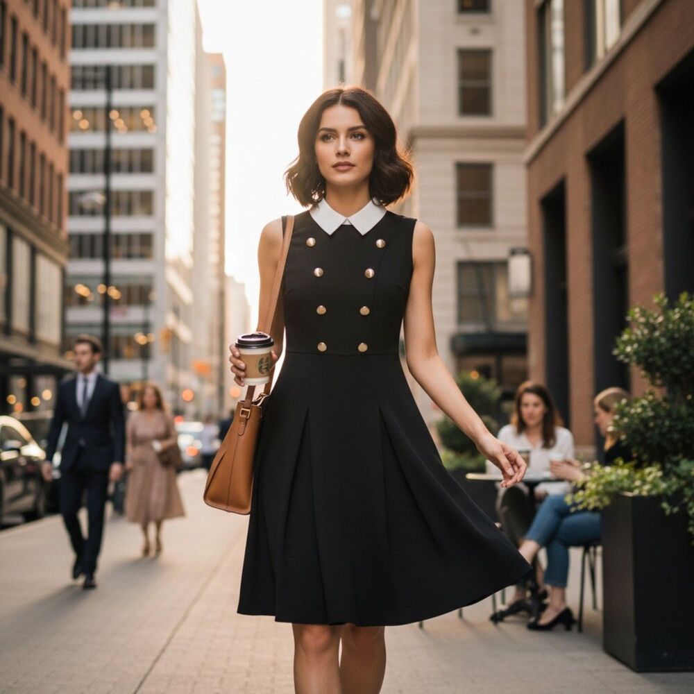 Tommy Hilfiger Dress Black Contrast Collar Fit & Flare Womens Size 4